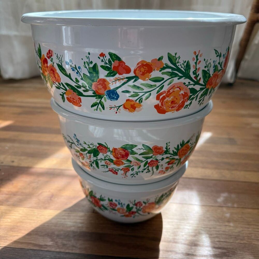 Vintage Enamel Mixing Bowls Set 3 | Floral Nesting Kitchen Farmhouse